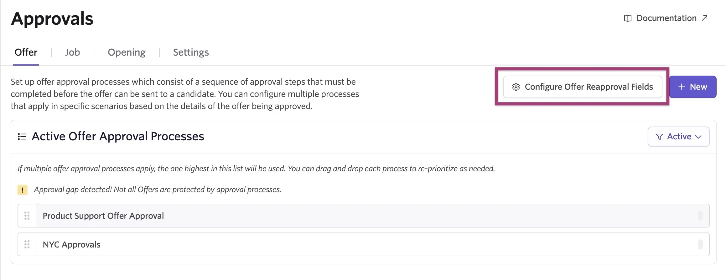 Screenshot of the Approvals page with the Configure Offer Reapproval Fields option highlighted. Screenshot of the Approvals page with the Configure Offer Reapproval Fields option highlighted.