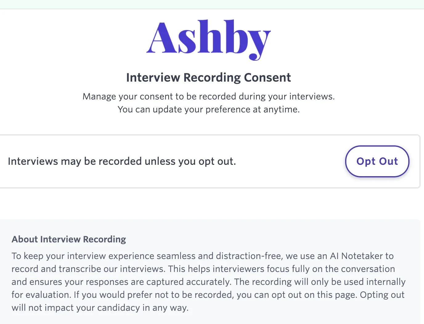 Screenshot of the external candidate consent page with the button to opt out of interview recording.