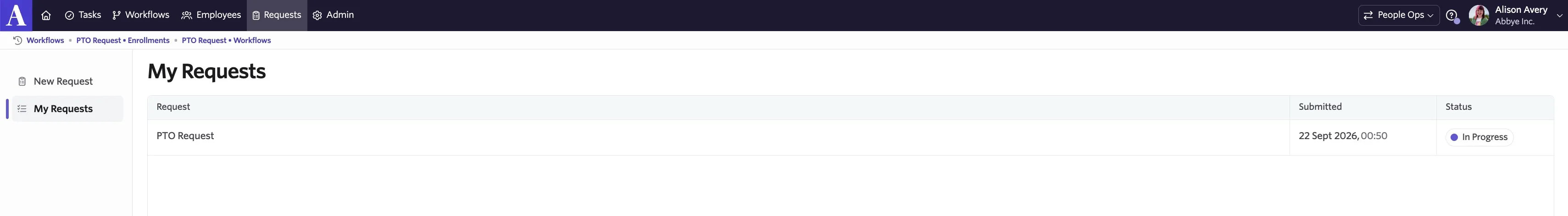 The screenshot shows the My Requests page with an In Progress request.