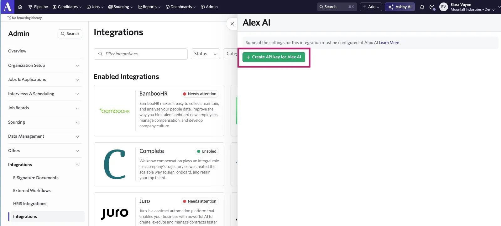 Ashby Admin Integrations page with the Alex AI integration panel open. The “Create API key for Alex AI” button is highlighted.