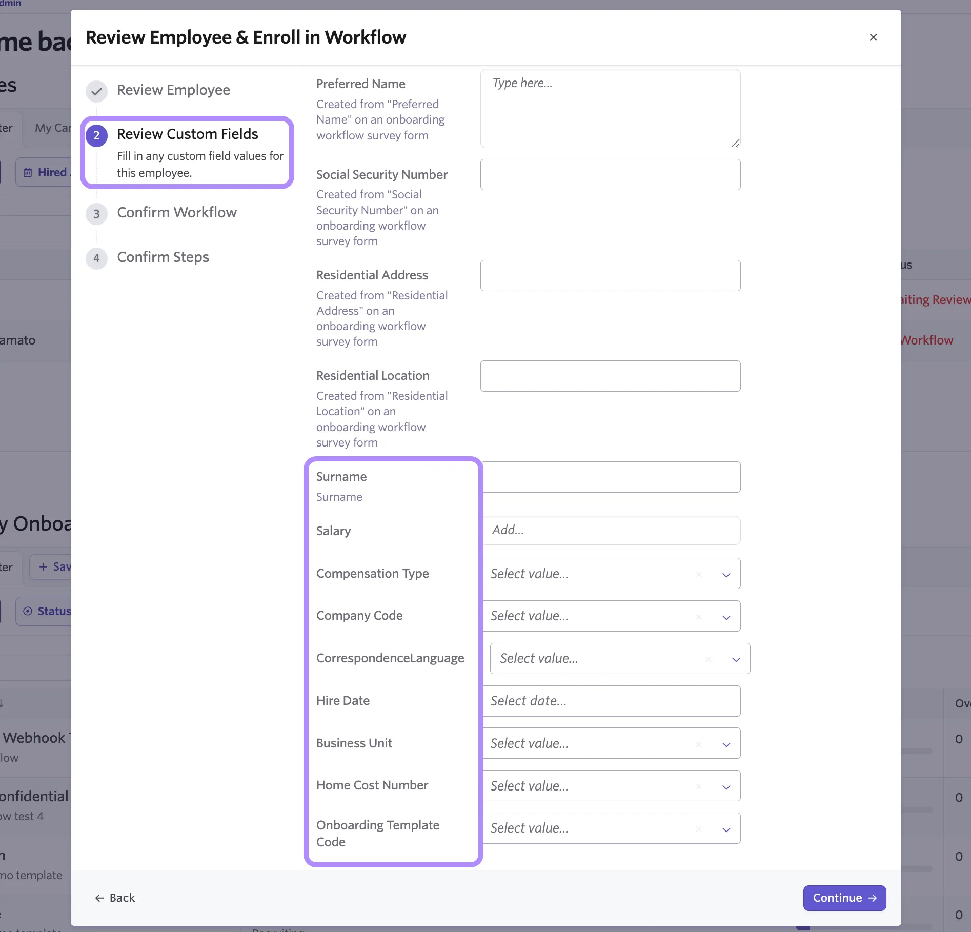 The screenshot shows the Review Employee and Enroll in workflow step where you can enter information into custom fields.