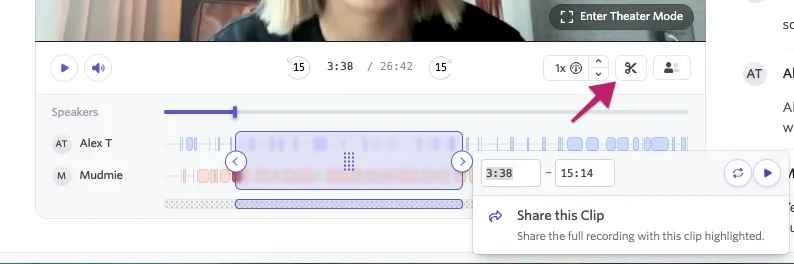 Screenshot showing the scissors icon and the time span bar to adjust to shared clip.