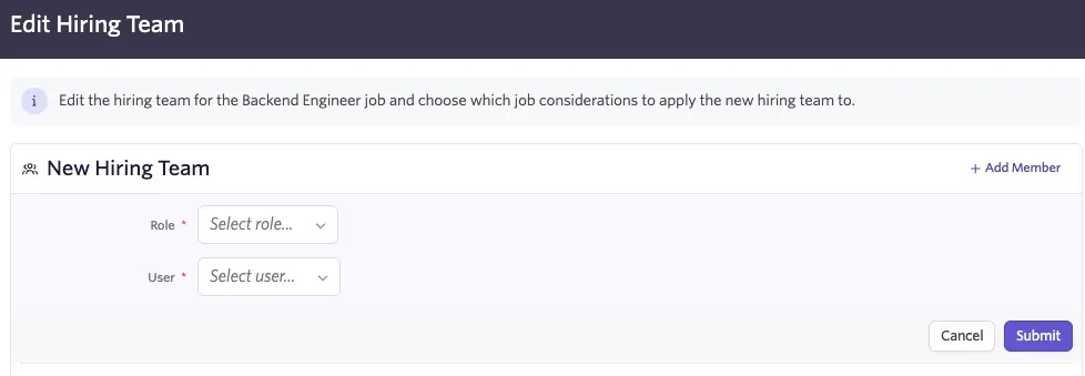 Shows the screen to add a new hiring team member.