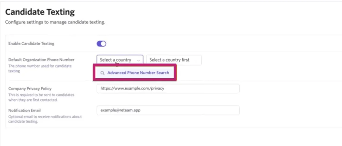 Screenshot of the Candidate Texting page with the Advanced Phone Number Search option highlighted.