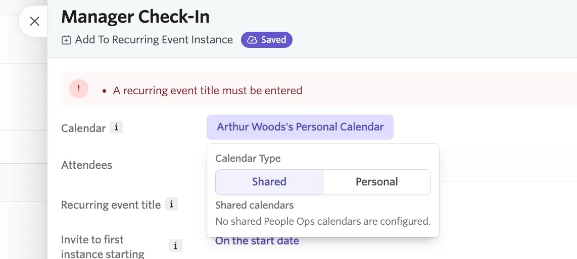 The Calendar field on the Add To Recurring Event Instance step, showing a dropdown with Shared and Personal calendar type tabs.