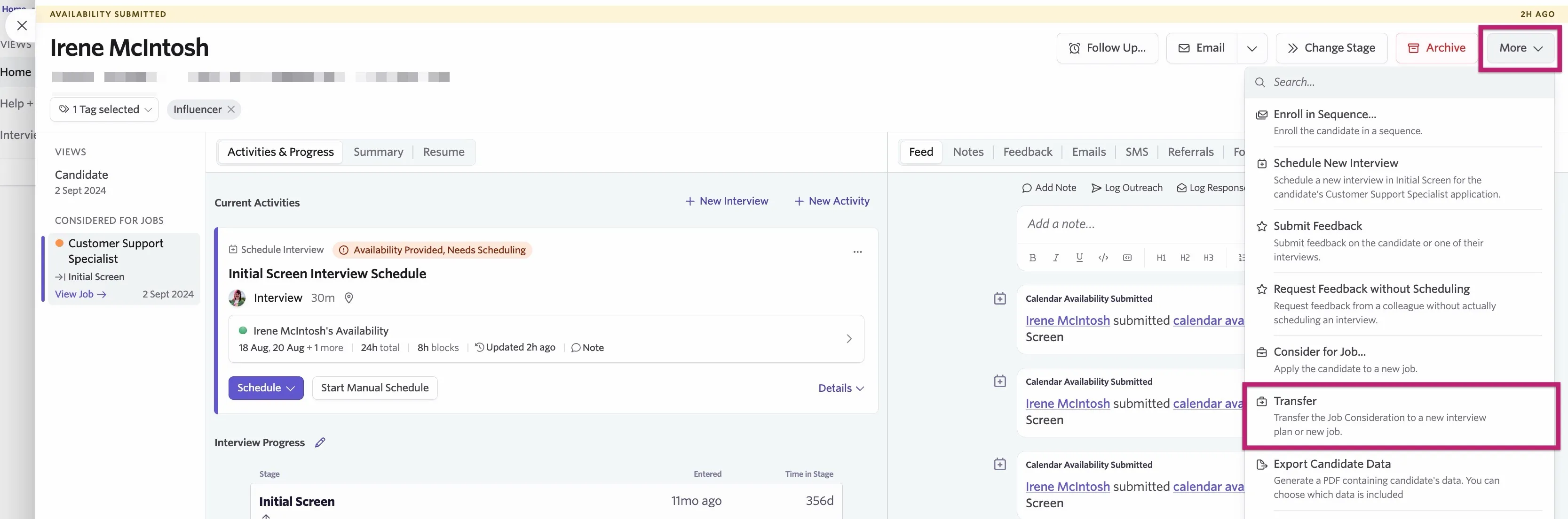 More, then Transfer on the candidates profile.
