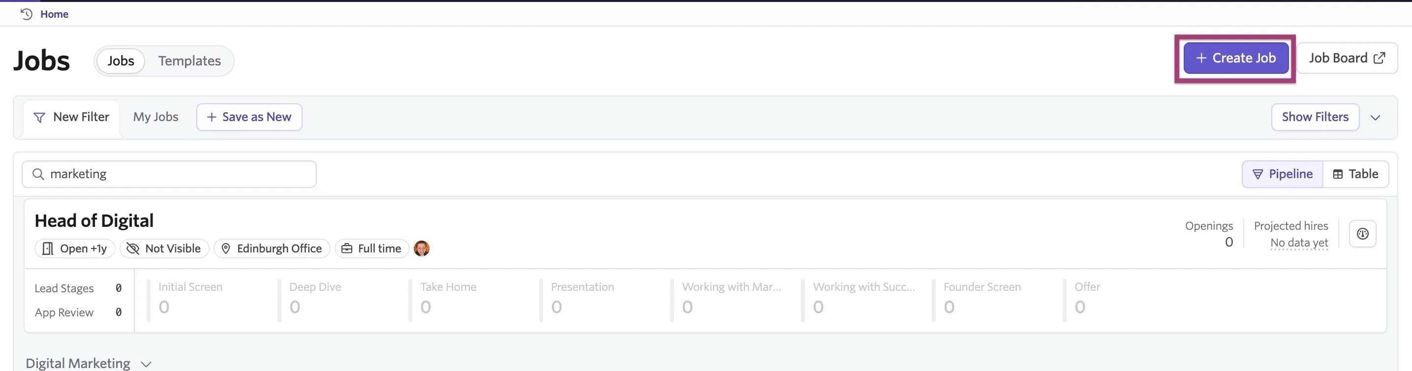The 'Create Job' button on the latest version of the jobs page