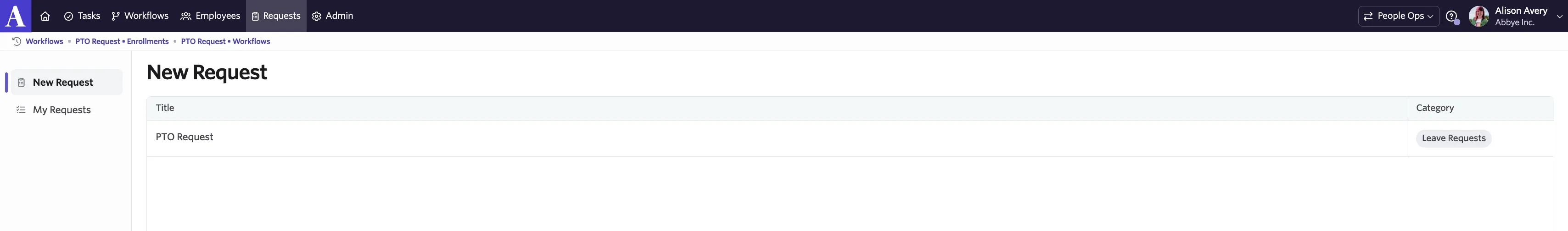 The screenshot shows the New Request page, which will list all self-serve workflow options that the employee is eligible for.