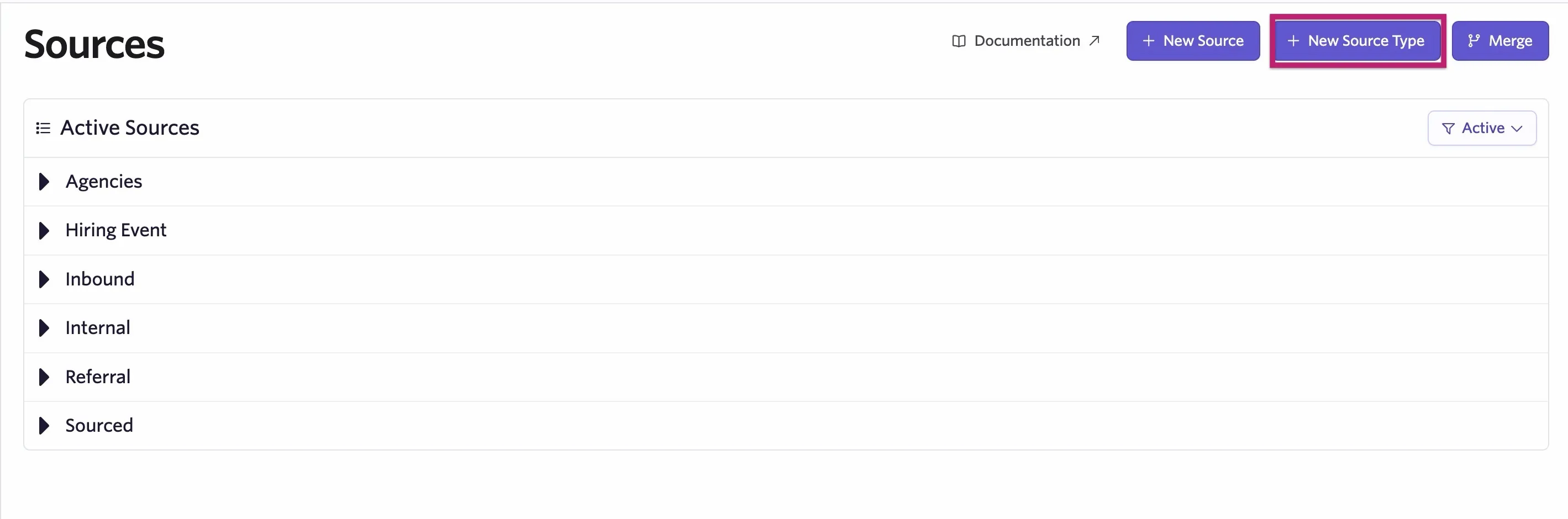 The Sources page with the New Source Type button highlighted