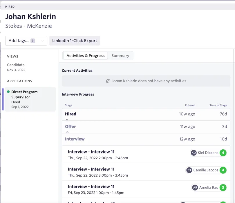 Candidate profile in Ashby showing interview stage progress with stage names, timestamps, and scheduled interviews. Candidate profile in Ashby showing interview stage progress with stage names, timestamps, and scheduled interviews.