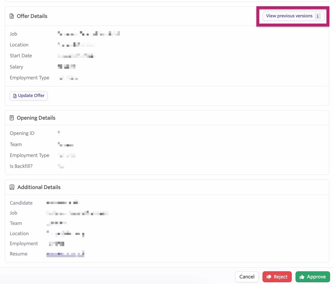 The screenshot shows an offer approval with the View previous versions button highlighted.