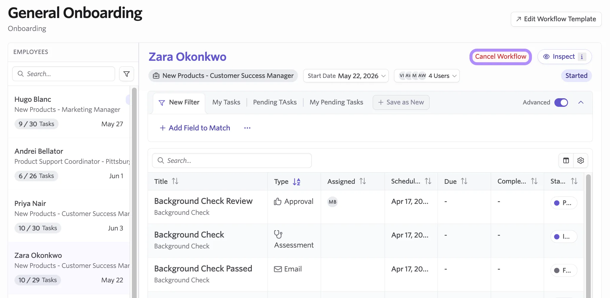 Screenshot of the workflow review screen showing the Cancel Workflow button