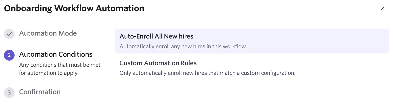 Screenshot of the automation conditions panel showing the Auto-Enroll All New Hires option selected