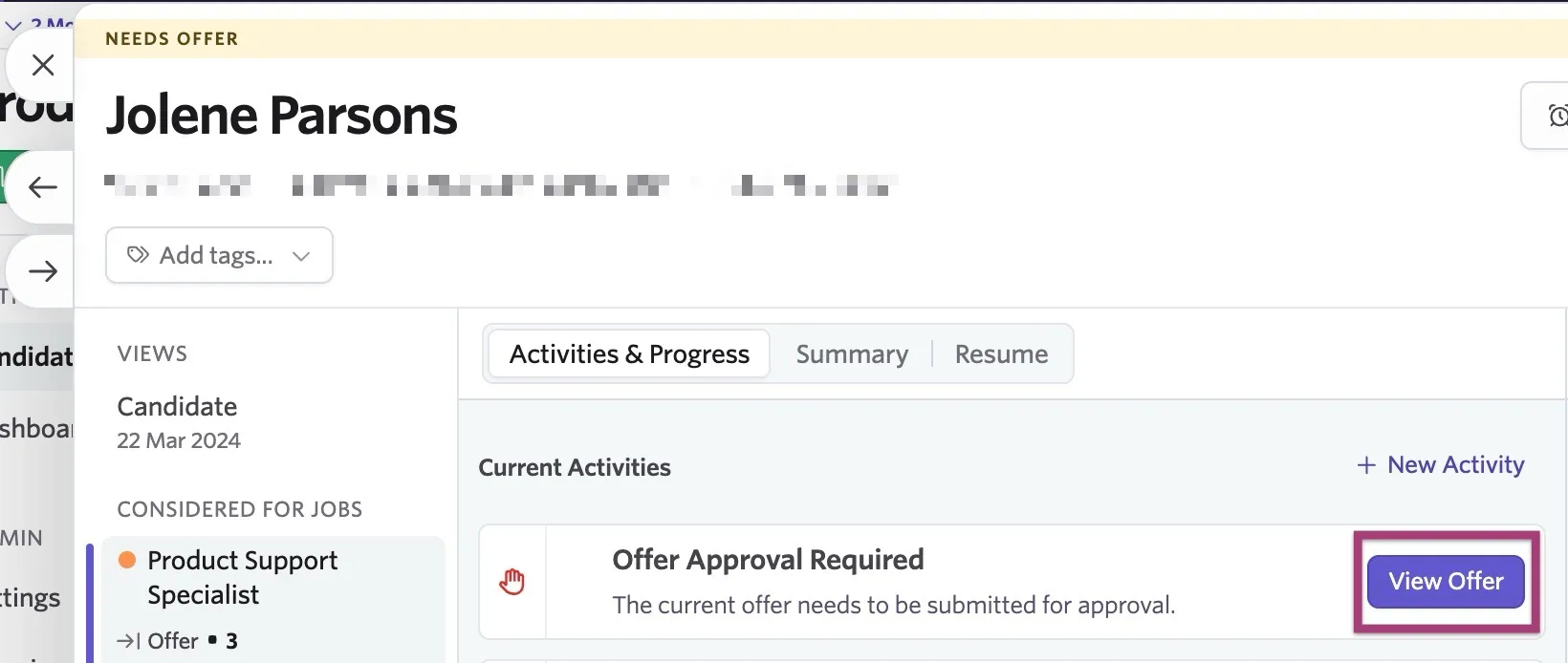 Screenshot of the offer activity on a candidate profile with the View Offer option highlighted. Screenshot of the offer activity on a candidate profile with the View Offer option highlighted.