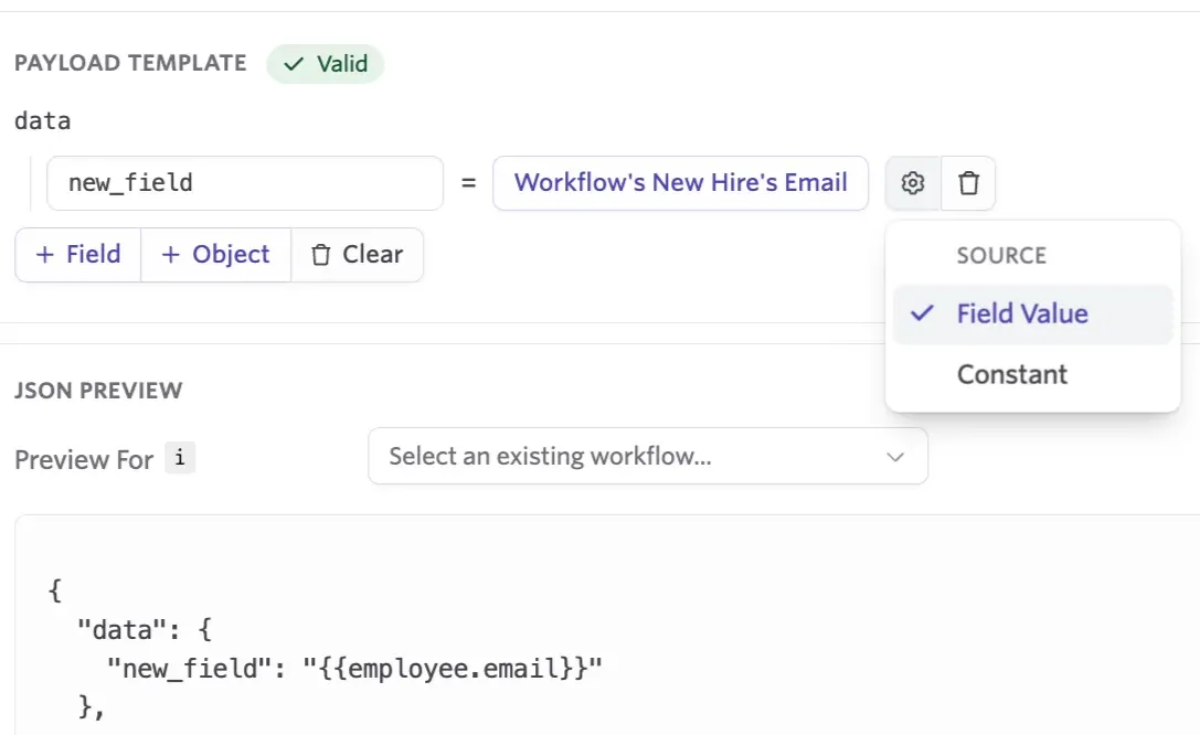 The screenshot shows a field with the source menu open and set to Field Value