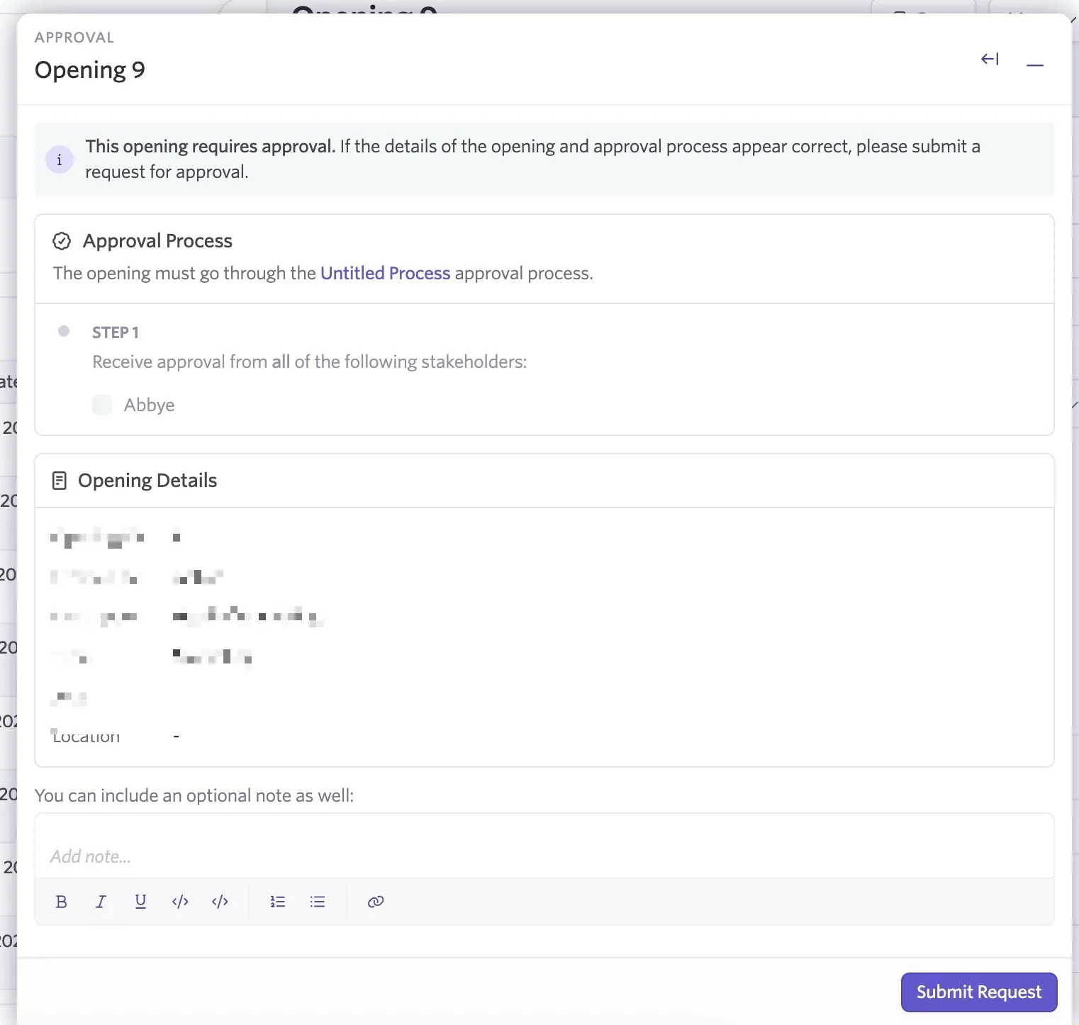 Screenshot of the opening approval submission popover with the Submit Request button highlighted. Screenshot of the opening approval submission popover with the Submit Request button highlighted.