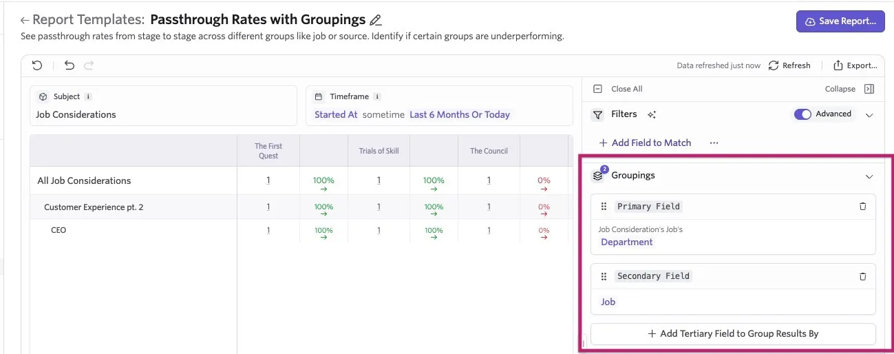 Ashby Passthrough Rates with Groupings report showing primary grouping by Department and secondary grouping by Job, with the Groupings configuration highlighted.