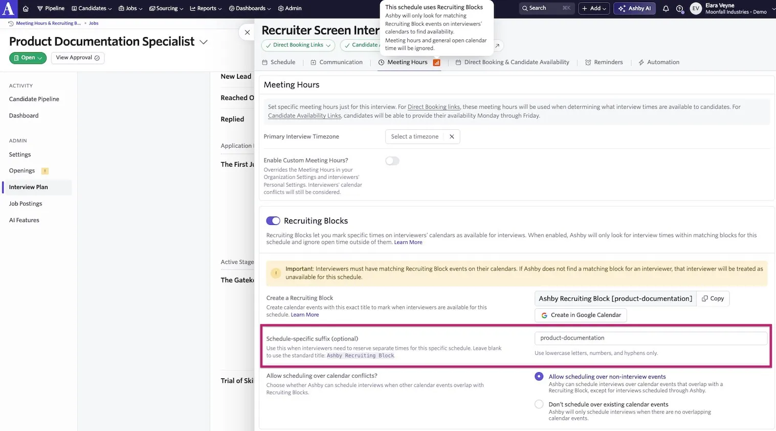 Ashby interview plan settings for a Product Documentation Specialist role with Recruiting Blocks enabled and the optional schedule-specific suffix “product-documentation” highlighted. Ashby interview plan settings for a Product Documentation Specialist role with Recruiting Blocks enabled and the optional schedule-specific suffix “product-documentation” highlighted.
