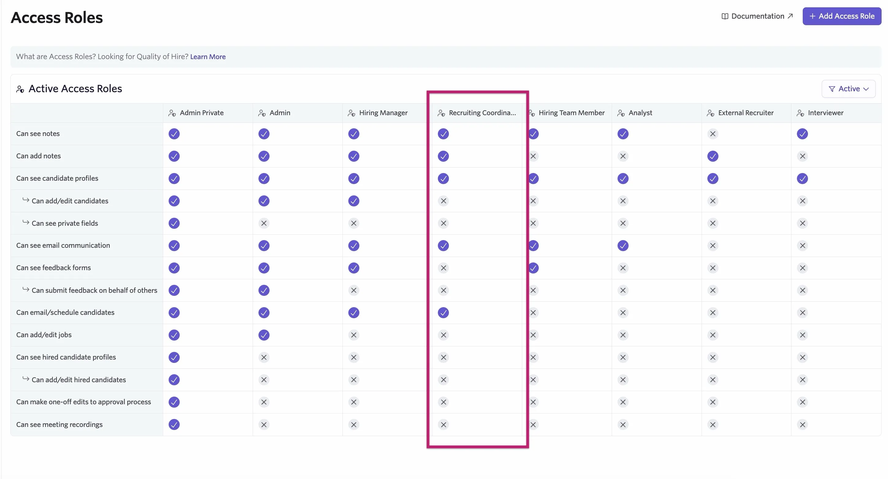 A custom Recruiting Coordinator access role highlighted on the access role table.