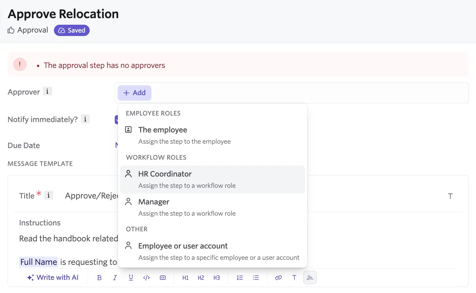 Screenshot showing a workflow step with the Custom Employee Workflow Role selected as the Assignee