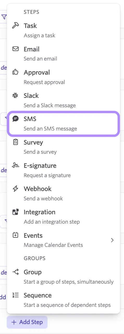 Screenshot of the Add Step panel in the People Ops workflow editor.