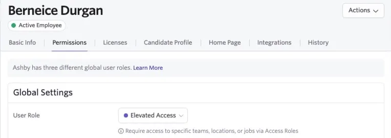 Ashby employee Permissions page for Berneice Durgan, showing the Global Settings User Role set to Elevated Access.