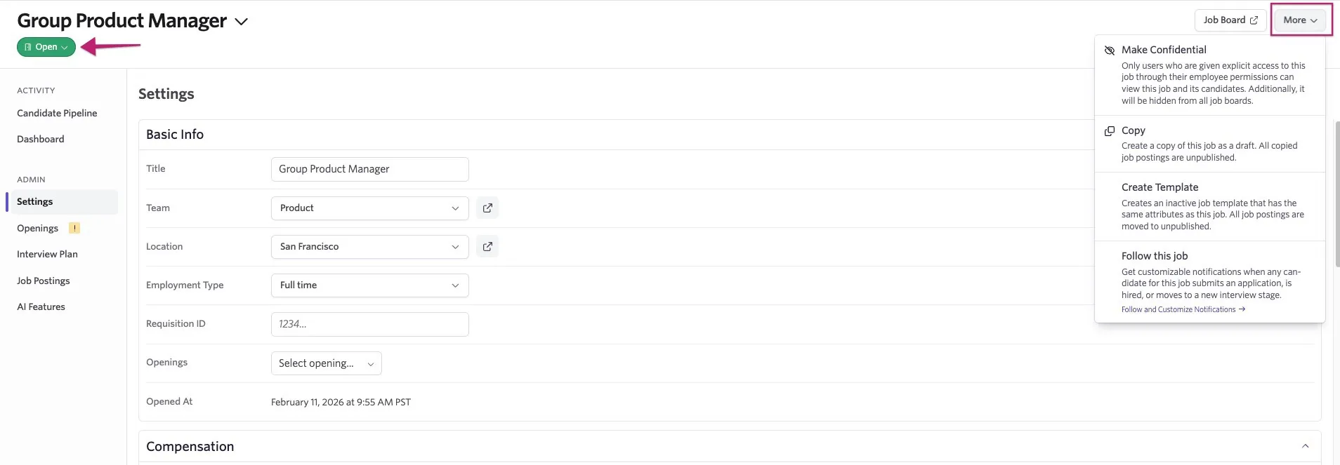 Points out the job status indicator on the left, and the More button and available options on the right.