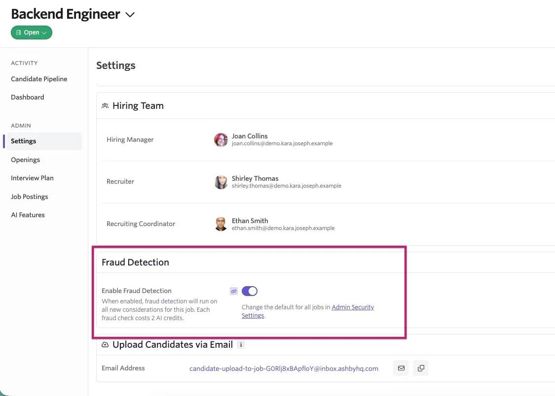 Screenshot showing the Fraud Detection setting enabled under the Settings tab of a job. Screenshot showing the Fraud Detection setting enabled under the Settings tab of a job.