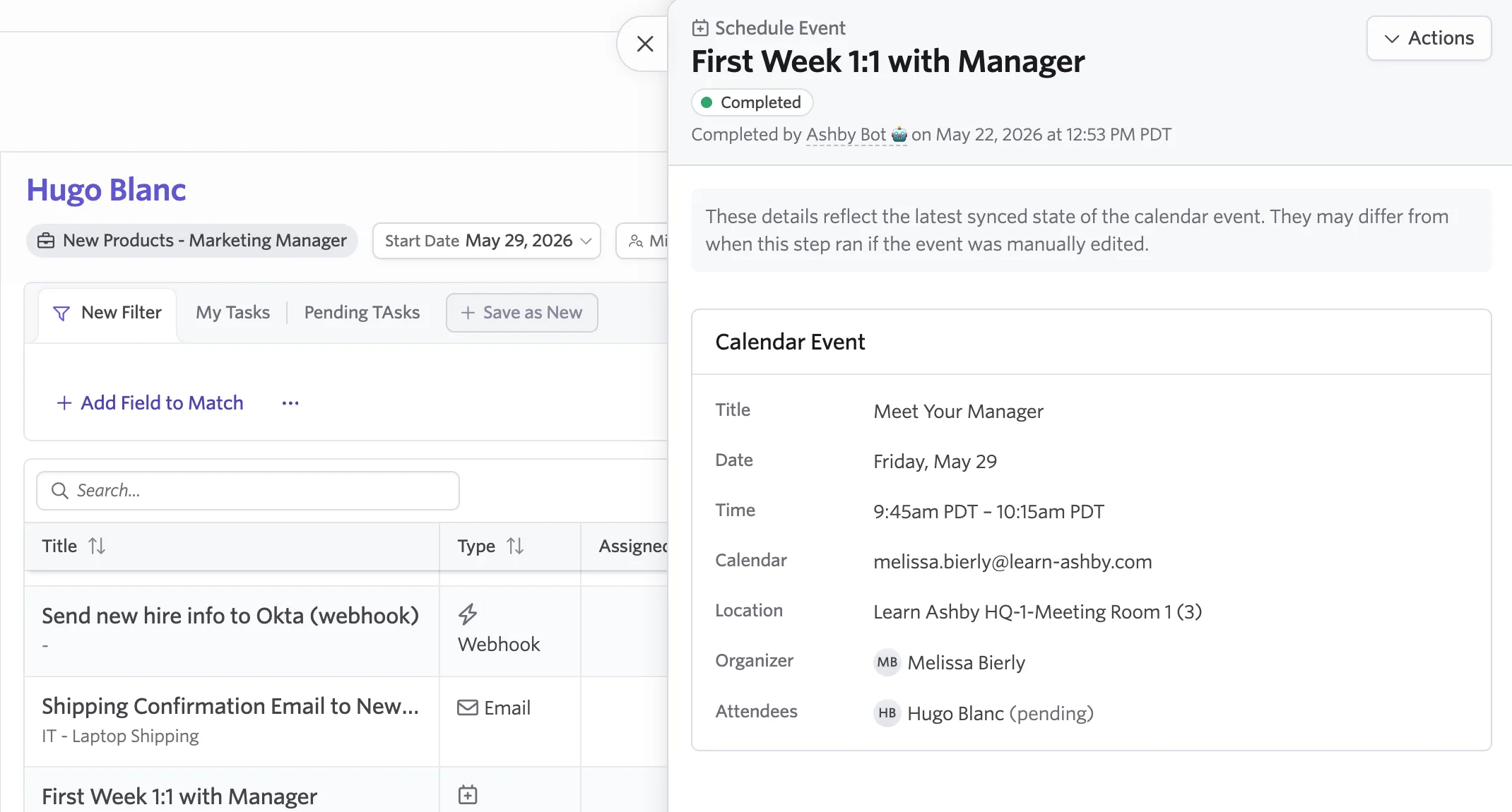 The schedule event details as shown within the workflow.