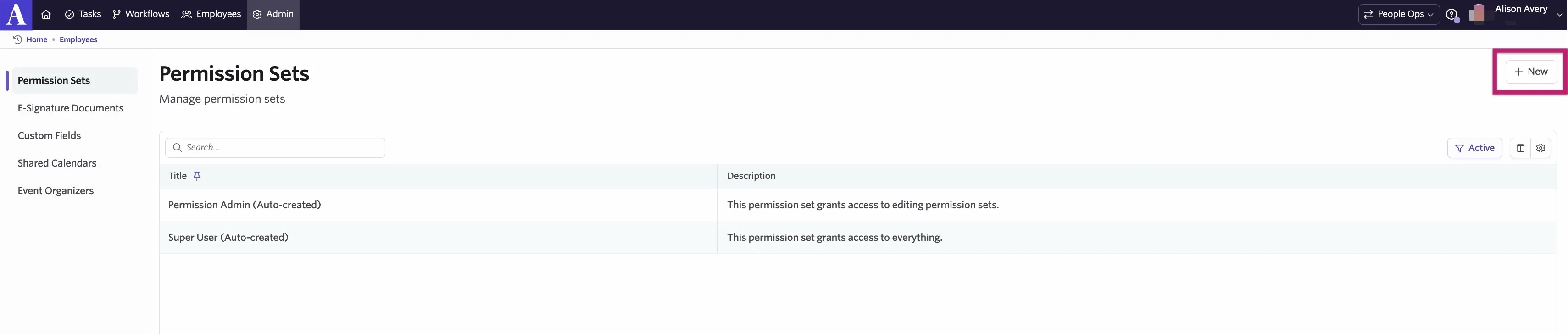 The screenshot shows the permission sets page with the New button highlighted.