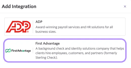 Screenshot showing the integration selection modal with available assessment integrations listed