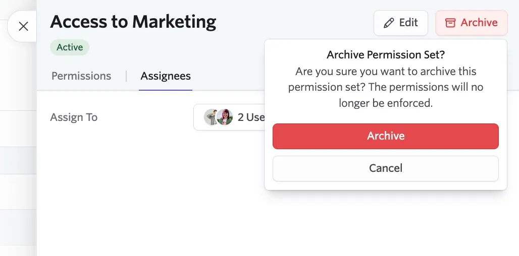 The screenshot shows a permission set with the confirmation screen for archiving the set open.