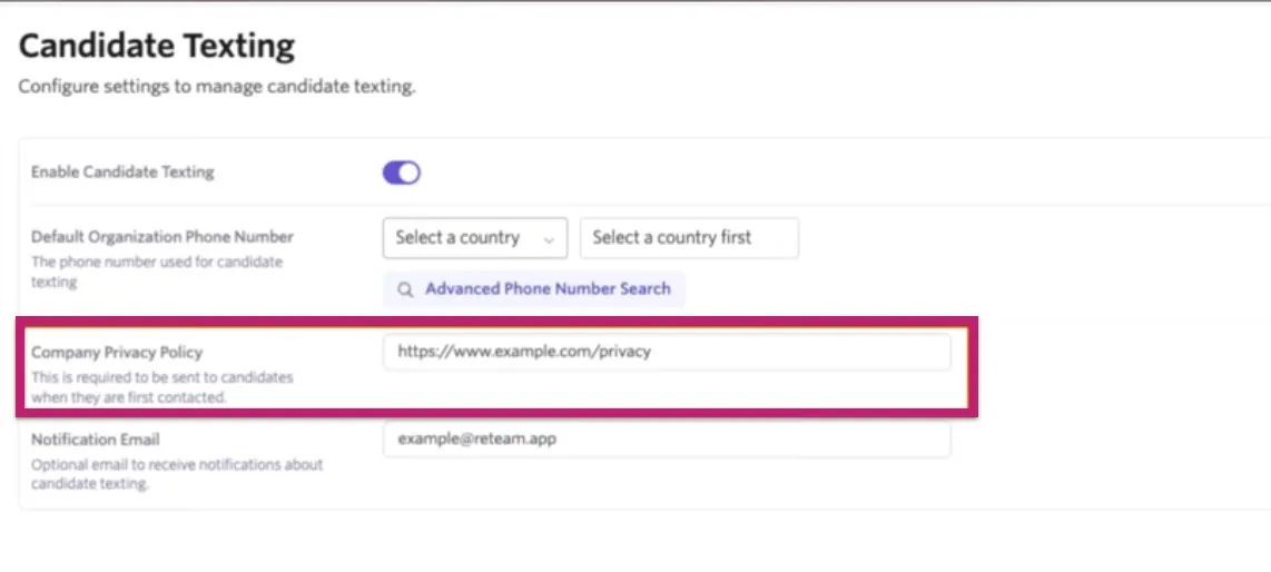 The screenshot shows the Candidate Texting page with the Company Privacy Policy section highlighted.