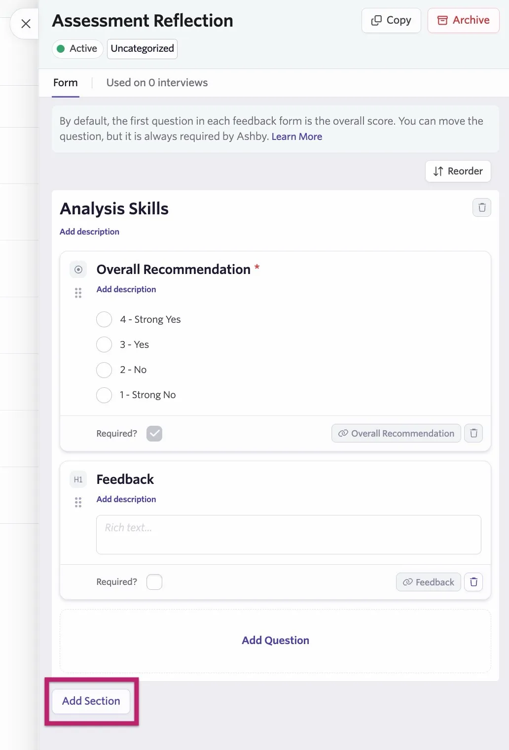 A feedback form with the Add Section button highlighted. A feedback form with the Add Section button highlighted.