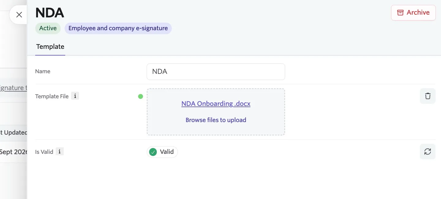 A successfully uploaded and validated e-signature template.
