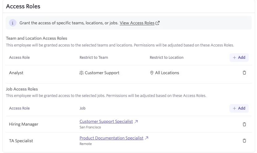 Ashby Access Roles settings showing an Analyst role for the Customer Support team across all locations, a Hiring Manager role for the Customer Support Specialist job, and a TA Specialist role for the Product Documentation Specialist job.