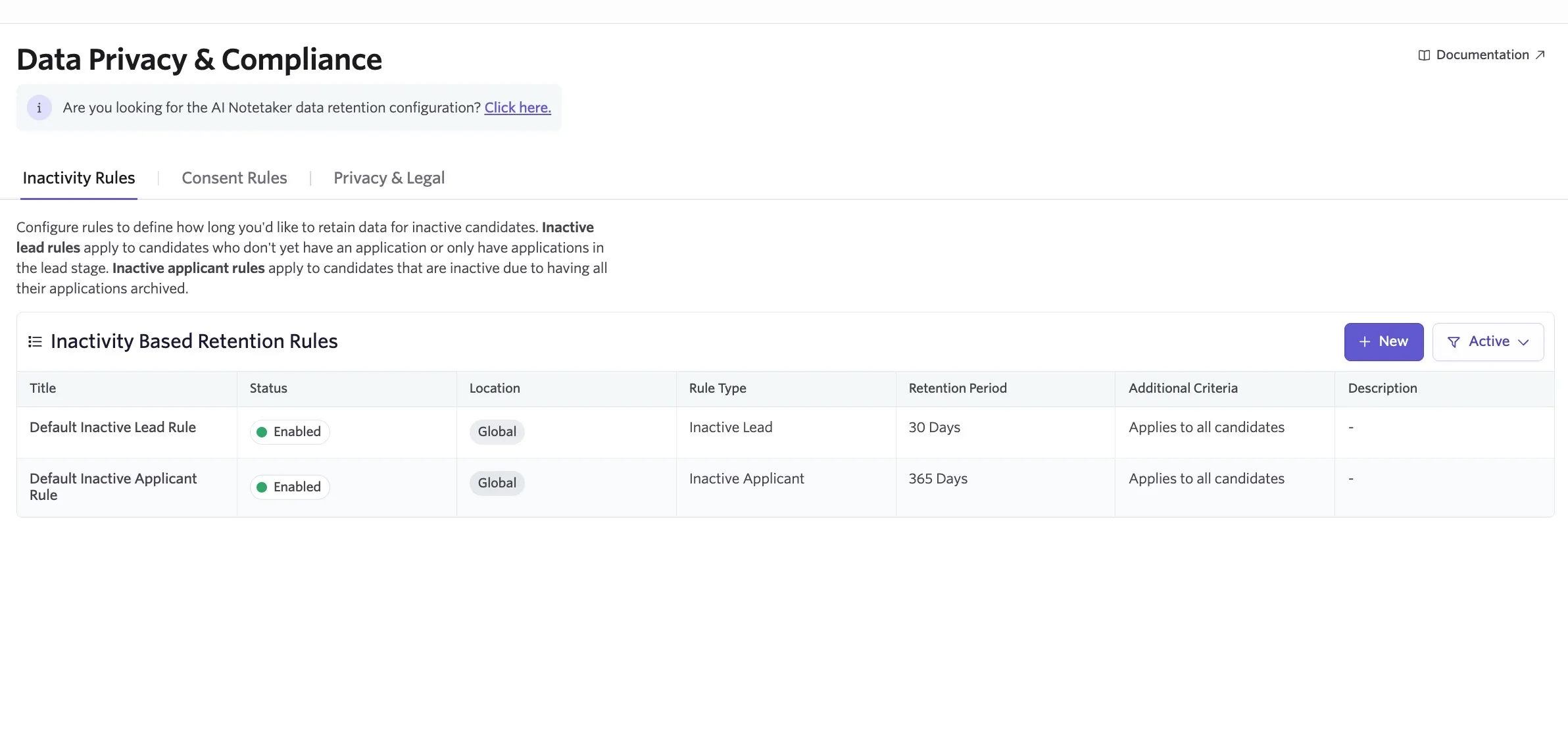 The Data Privacy and Compliance rule configuration page in Ashby. The Inactivity Rules tab is selected. The Data Privacy and Compliance rule configuration page in Ashby. The Inactivity Rules tab is selected.