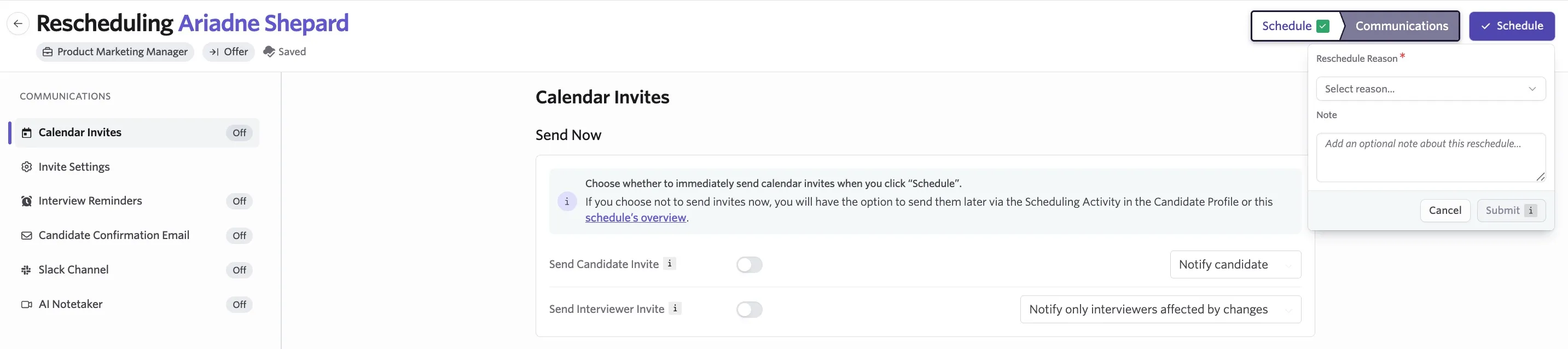 The Rescheduling page where you can set the reschedule reason prior to confirming the reschedule. The Rescheduling page where you can set the reschedule reason prior to confirming the reschedule.