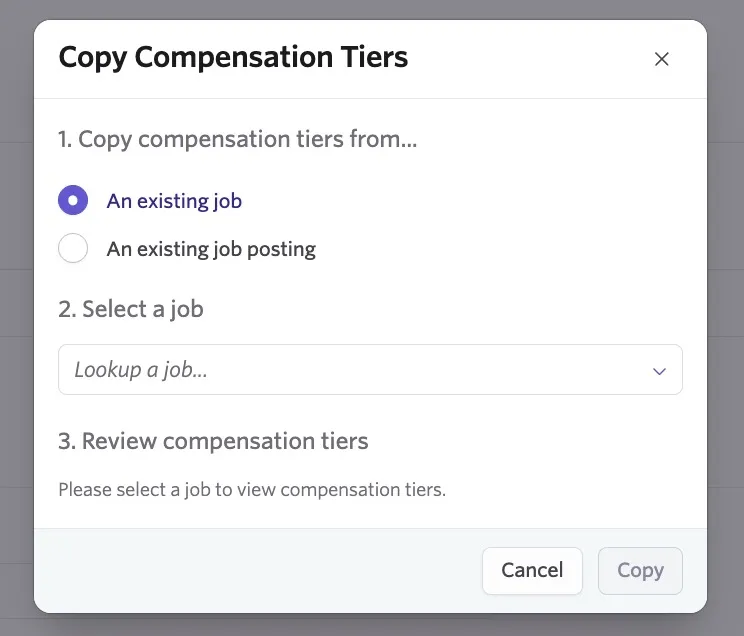 Screenshot of the Copy Compensation Tiers wizard with the Select a job dropdown Screenshot of the Copy Compensation Tiers wizard with the Select a job dropdown