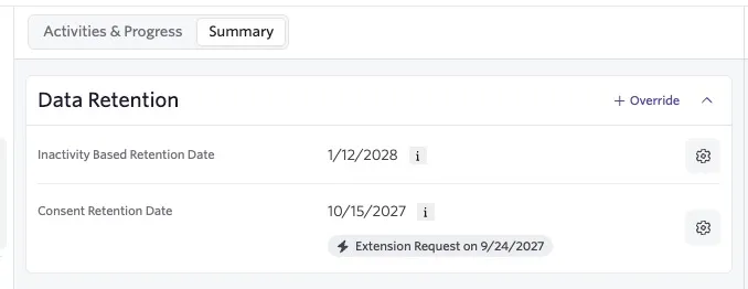 Data Retention section showing an inactivity-based retention date of January 12, 2028, and a consent retention date of October 15, 2027, with an extension requested on September 24, 2027. Data Retention section showing an inactivity-based retention date of January 12, 2028, and a consent retention date of October 15, 2027, with an extension requested on September 24, 2027.