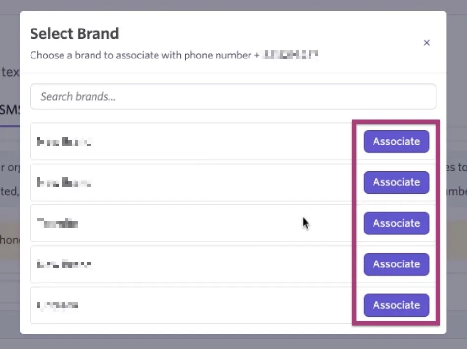 The menu showing the option to associate a brand with a phone number. The menu showing the option to associate a brand with a phone number.