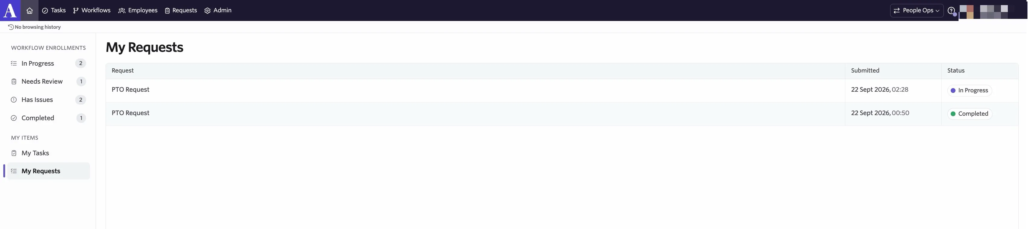 The screenshot shows the Home page open on the My Requests tab.