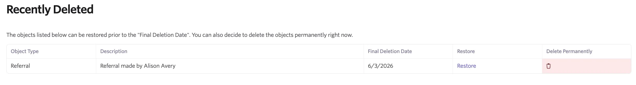 The recently deleted page, showing a referral.