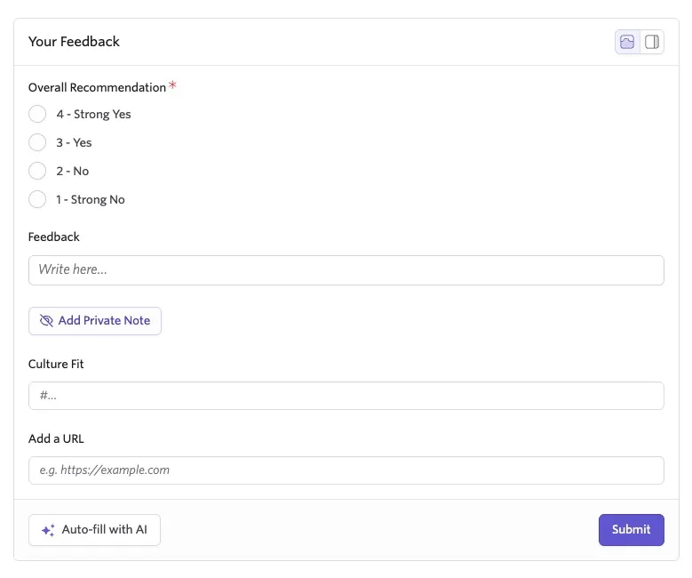 Ashby interview feedback form with recommendation, feedback, culture fit, and URL fields, plus an “Auto-fill with AI” button.