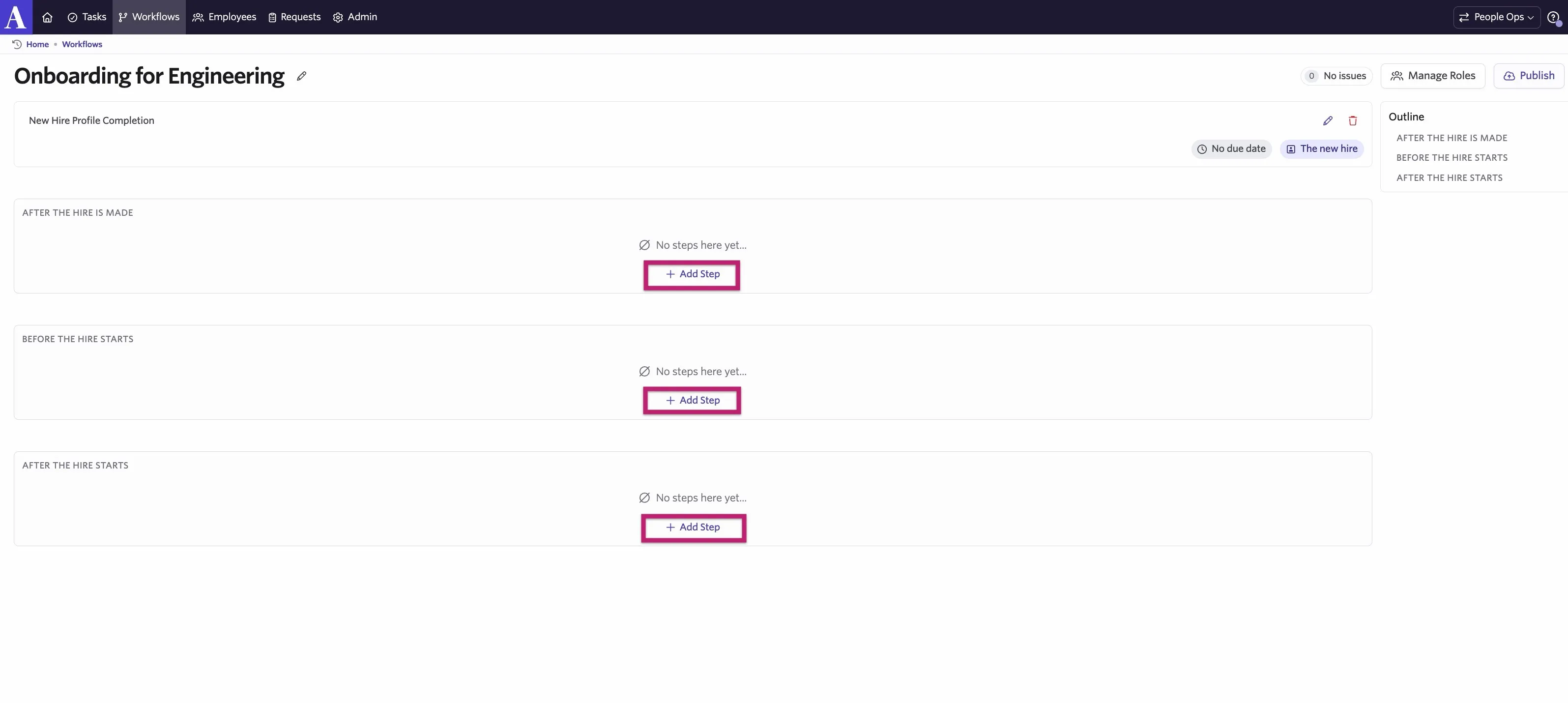 The screenshot shows the Add Step option for After the hire is made, Before the hire starts, and After the hire starts.