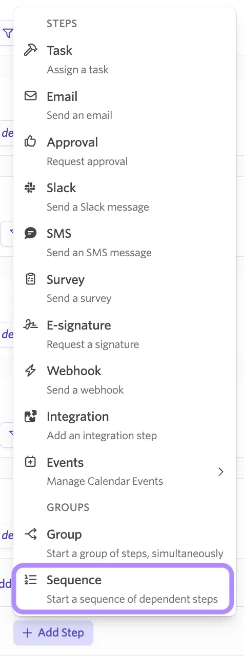 The screenshot shows the option to add a sequence to your workflow.