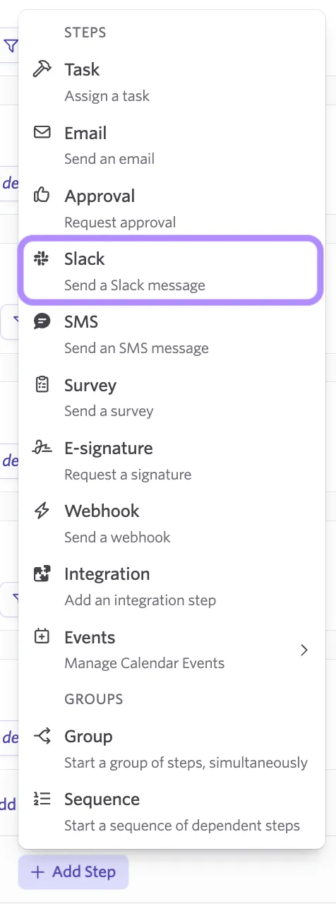 Screenshot of the Add Step panel in the People Ops workflow editor.