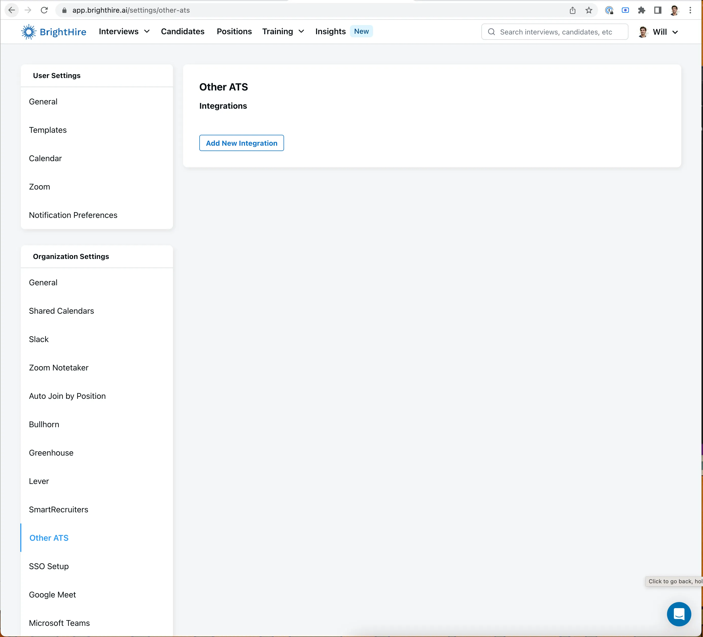 The Add New Integration button within BrightHire.