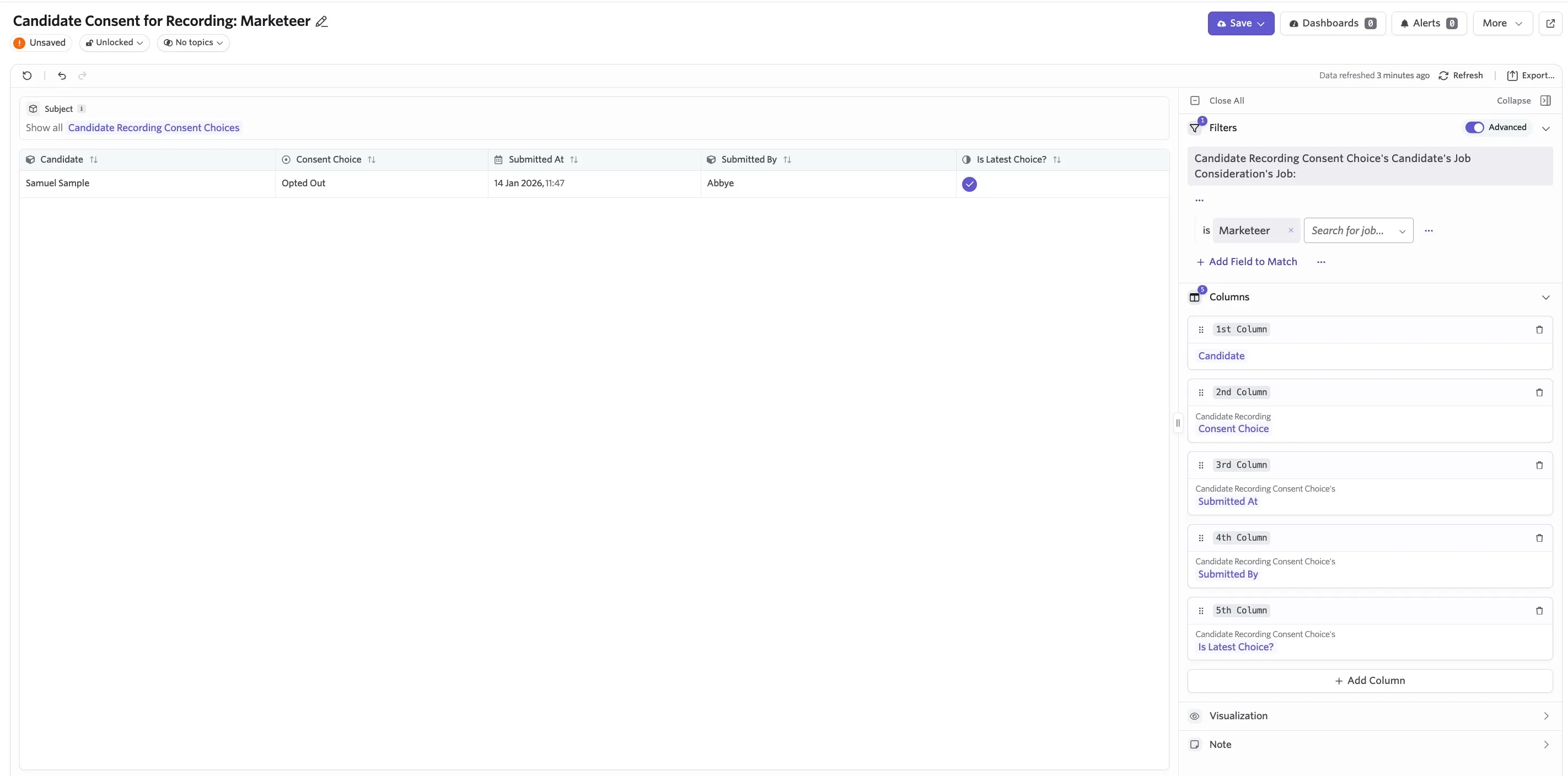 Screenshot of a Candidate Recording Consent report showing consent choices and timestamps. Screenshot of a Candidate Recording Consent report showing consent choices and timestamps.