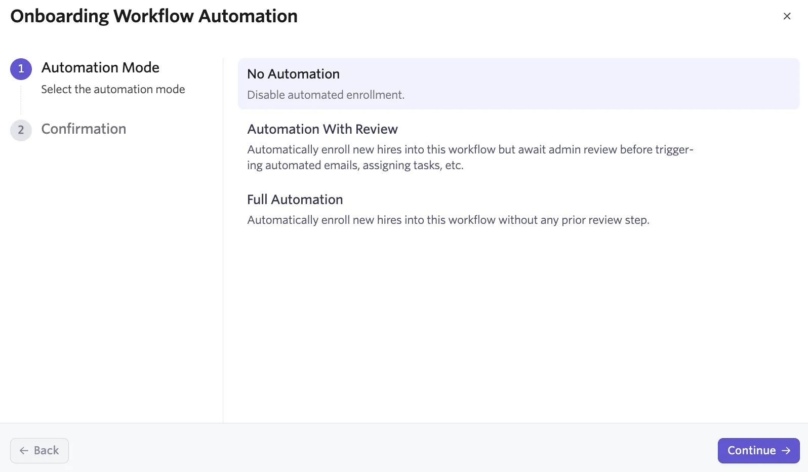 Screenshot of the Onboarding Workflow Automation setup wizard with No Automation selected and the Continue button visible